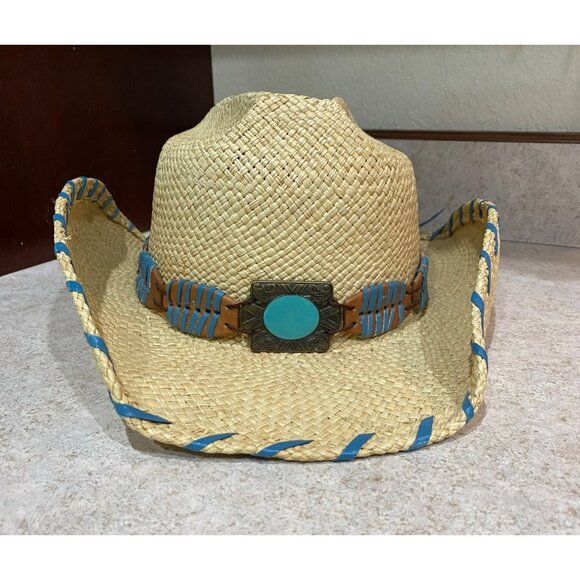 Bullhide Del Mar Straw Cowboy Hat W/Turquoise Accent & Leather Trimmed Band West - Picture 1 of 9